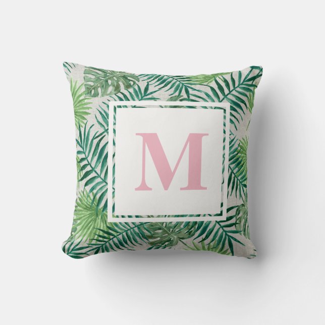 Tropical Palm Blätter | Rosa Monogramm Kissen (Vorderseite)