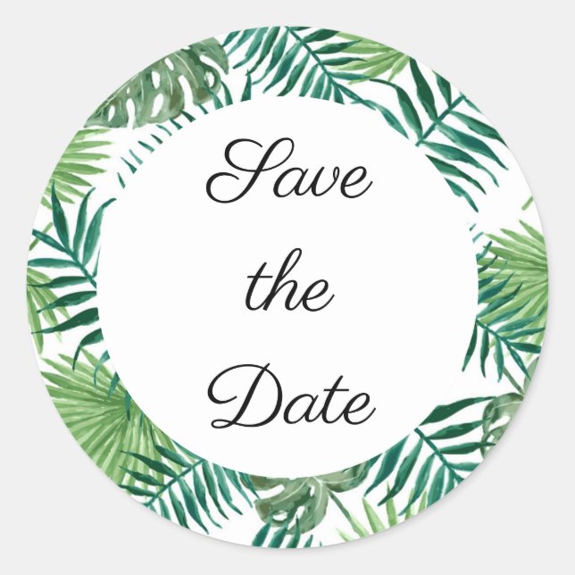 Tropical Palm Blätter Save the Date Personalisiert Runder Aufkleber (Vorderseite)
