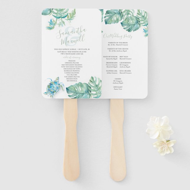 Tropical Palm Blätter Sea Turtle Wedding Fächer (Vorne und Hinten)