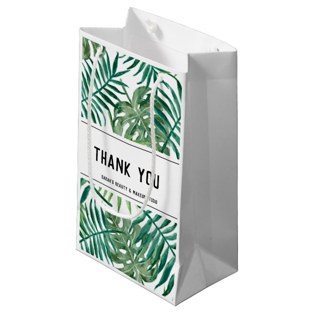 Tropical Palm Blätter Vielen Dank Beauty Salon Whi Kleine Geschenktüte (Vorderseite Schrägansicht)