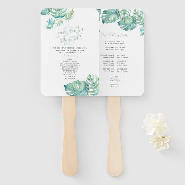 Tropical Palm Blätter Wasserfarbenhochzeit Fächer (Vorne und Hinten)