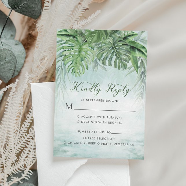 Tropical Palm Blätter Watercolor Grüne Hochzeit RSVP Karte (Von Creator hochgeladen)
