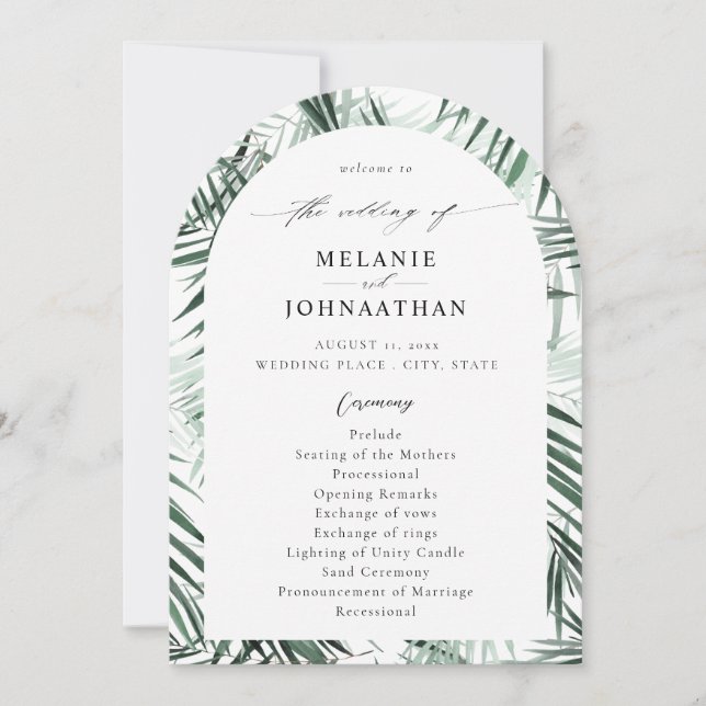 Tropical Palm Blätter Wedding Program Arc Einladung (Vorderseite)