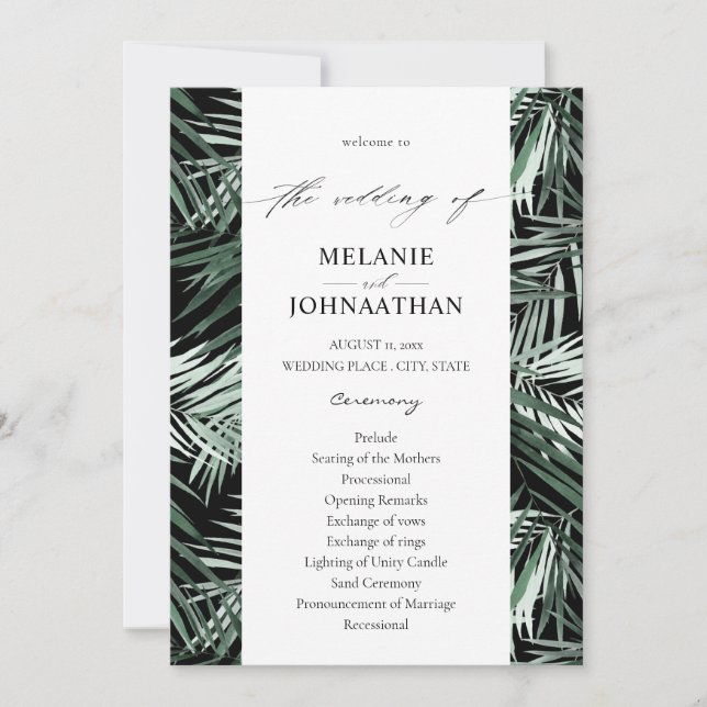 Tropical Palm Blätter Wedding Program - Black Einladung (Vorderseite)
