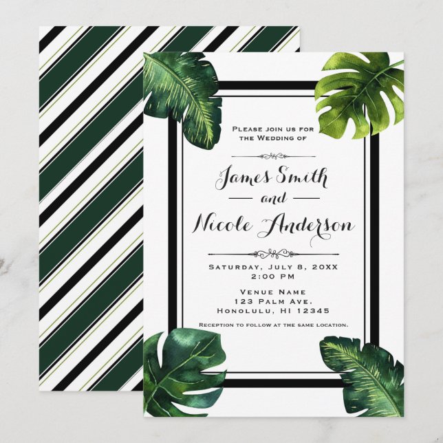 Tropical Palm Blätter White Green Black Wedding Einladung (Vorne/Hinten)