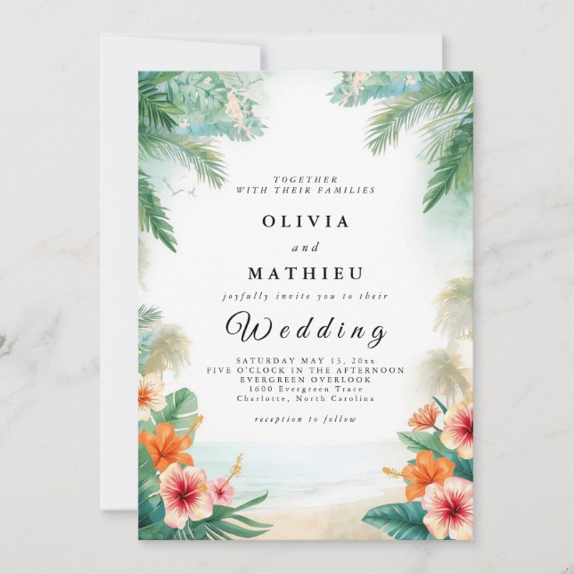Tropical Palm Bloom Wedding Einladung (Vorderseite)