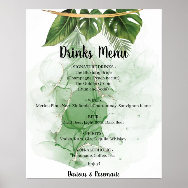 Tropical Palm Drinks Menu Wedding Sign Poster (Vorne)