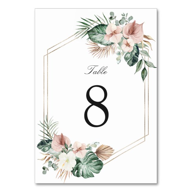 Tropical Palm Floral Blush Gold Geometric Wedding Tischnummer (Vorderseite)