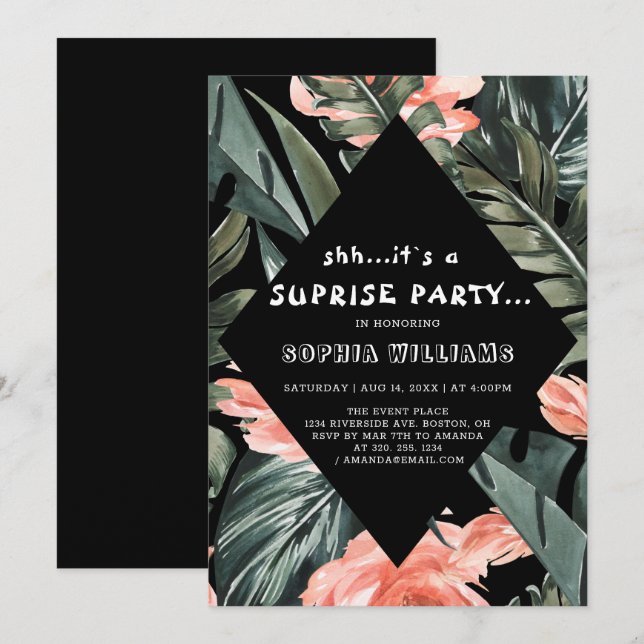 Tropical Palm Floral Überraschung Schwarzes Party  Einladung (Vorne/Hinten)