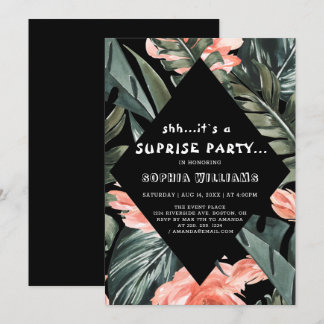 Tropical Palm Floral Überraschung Schwarzes Party  Einladung