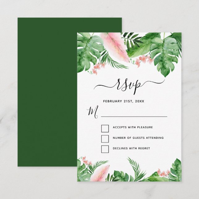 Tropical Palm Floral Water Wedding RSVP Einladung (Vorne/Hinten)