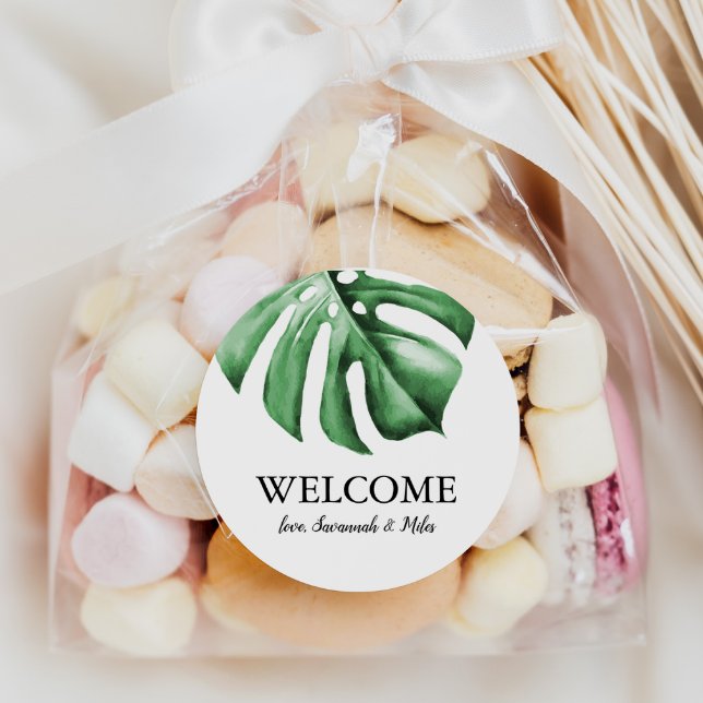 Tropical Palm Greenerity Wedding Welcome Bag Stick Runder Aufkleber (Von Creator hochgeladen)