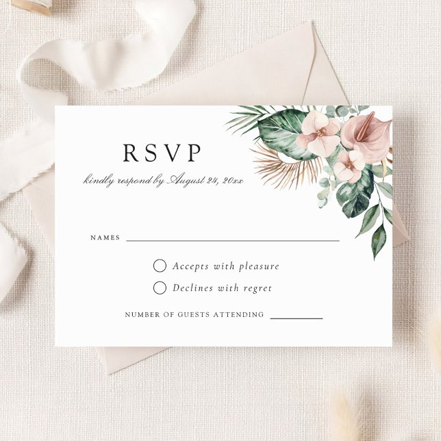 Tropical Palm Greenery Bloral Blush Wedding RSVP Einladung (Von Creator hochgeladen)