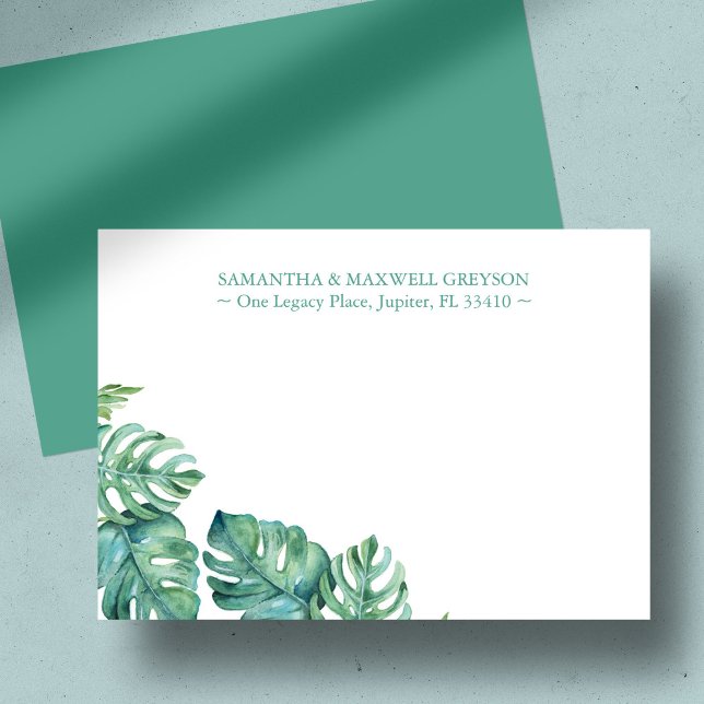 Tropical Palm Greenery Personalisiert Stationery Mitteilungskarte (Personalized notecards feature watercolor monstera palm leaves by Victoria Grigaliunas)