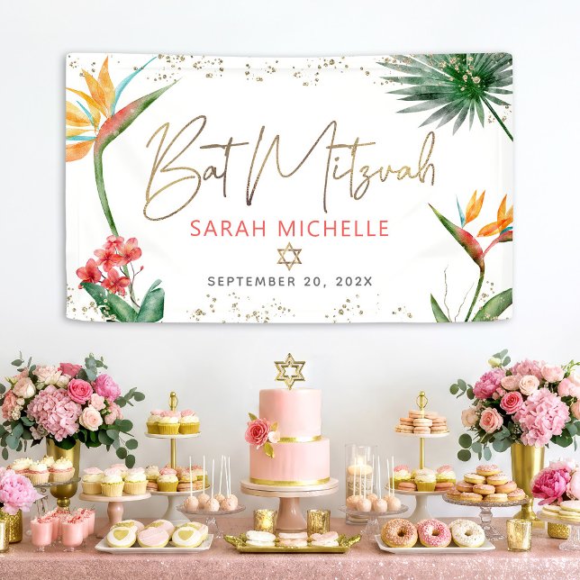 Tropical Palm Leaf Bat Mitzvah Gold Script Willkom Banner (Von Creator hochgeladen)
