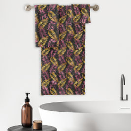 Tropical Palm Leaf Fronds Muster Schwarz Pink Gold Badhandtuch Set