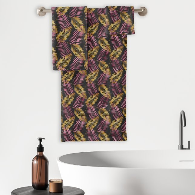 Tropical Palm Leaf Fronds Muster Schwarz Pink Gold Badhandtuch Set (Von Creator hochgeladen)