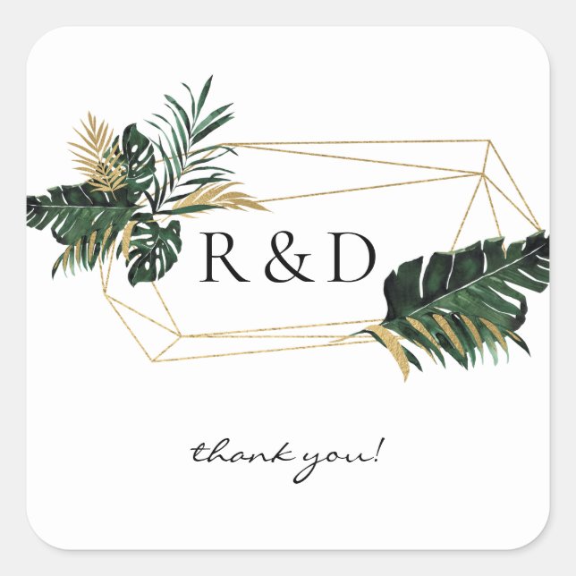 Tropical Palm Leaf Gold 2 Monogram - Quadratischer Aufkleber (Vorderseite)