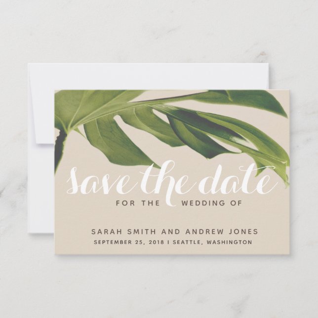 Tropical Palm Leaf Green und Tan Save the Date (Vorderseite)