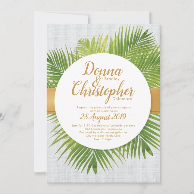 Tropical Palm Leaf Hochzeit Einladung (Vorderseite)