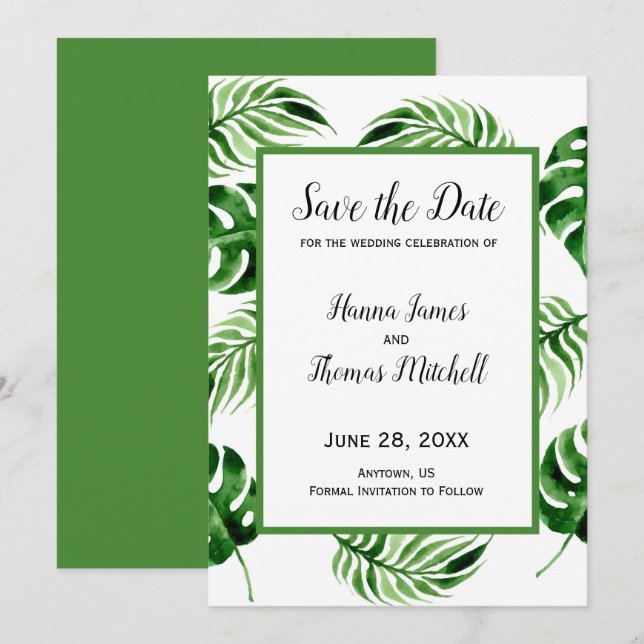 Tropical Palm Leaf Hochzeit in Urlaubsort Save The Date (Vorne/Hinten)