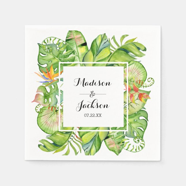Tropical Palm Leaf Island Wreath Monogram Wedding Serviette (Vorderseite)