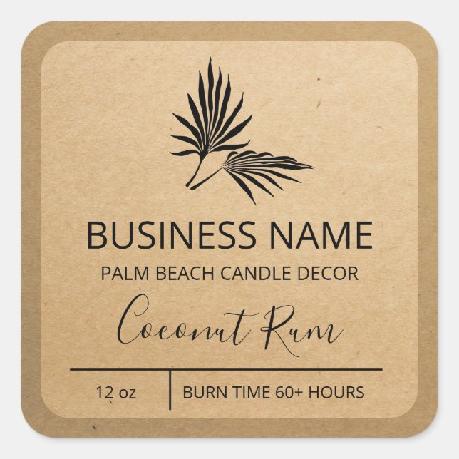 Tropical Palm Leaf Kraft Soy Candle Labels Quadratischer Aufkleber (Vorderseite)