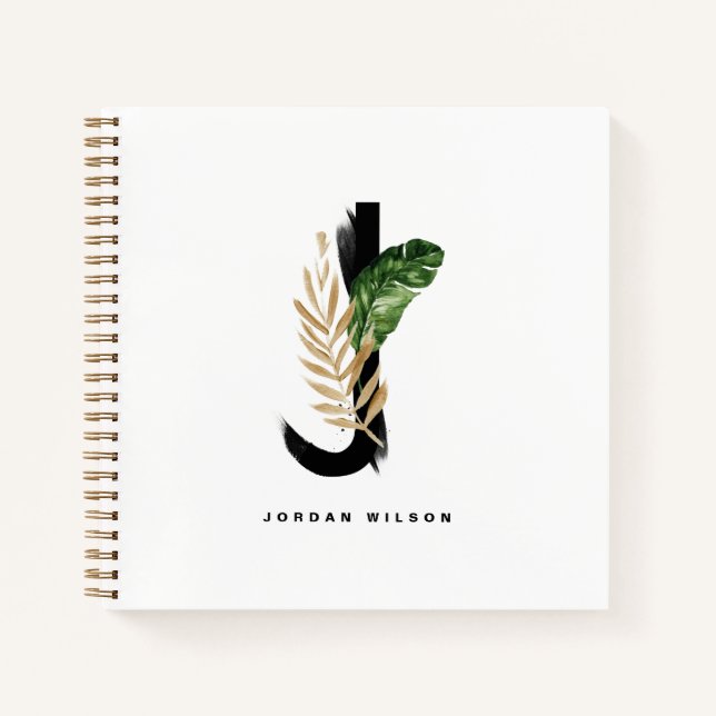 Tropical Palm Leaf Letter J Monogram Personalisier Notizbuch (Vorderseite)