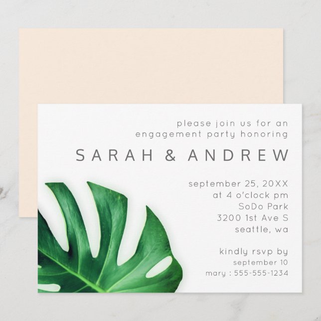 Tropical Palm Leaf Minimalistische Engagement Part Einladung (Vorne/Hinten)