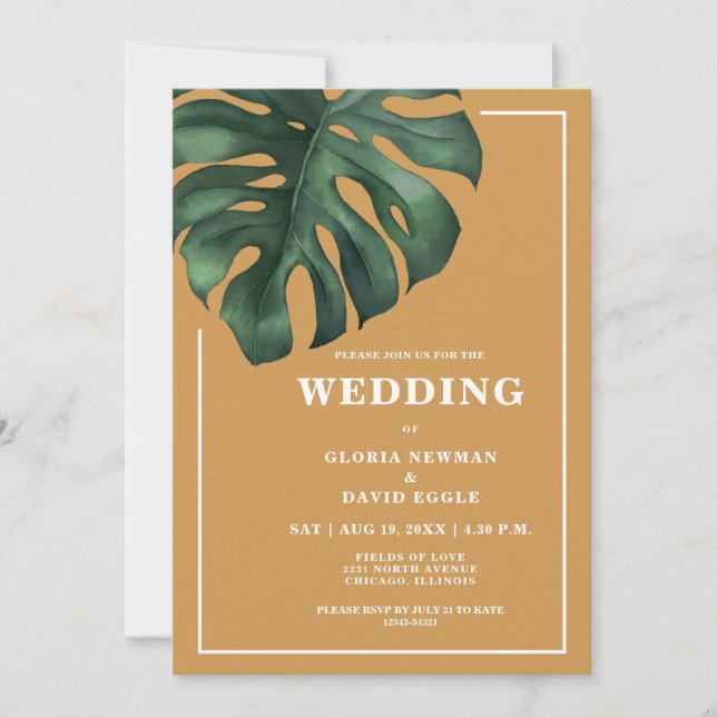 Tropical Palm Leaf Monstera Hochzeit Einladung (Vorderseite)