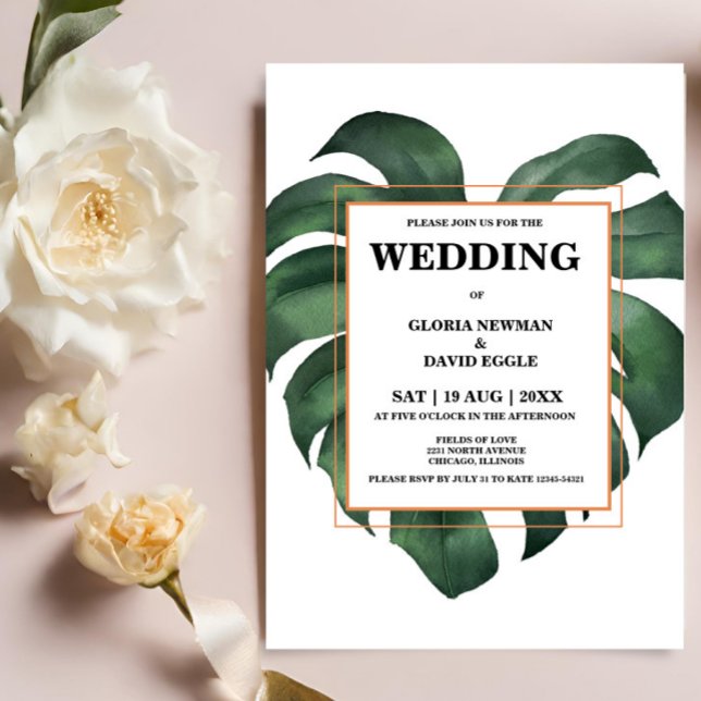 Tropical Palm Leaf Monstera Hochzeit Einladung (Von Creator hochgeladen)