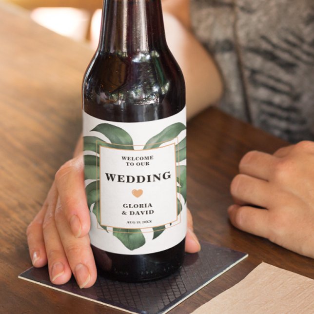 Tropical Palm Leaf Monstera Wedding Bierflaschenetikett (Von Creator hochgeladen)