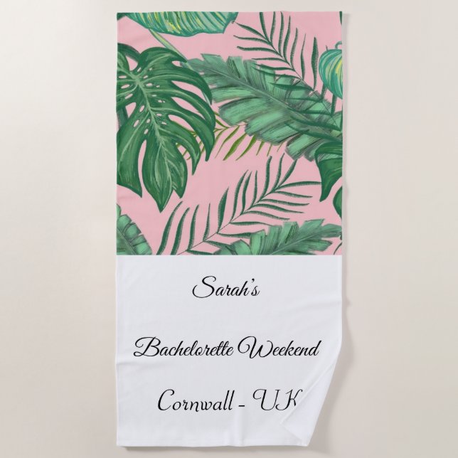 Tropical Palm Leaf Pink Bachelorette Beach Handtuc Strandtuch (Vorderseite)