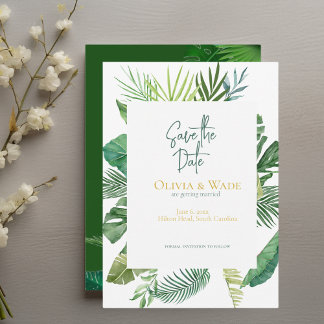 Tropical Palm Leaf Script Rett-the-date Einladung