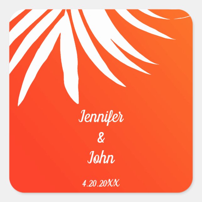 Tropical Palm Leaf Sunset Orange Beach Hochzeit Quadratischer Aufkleber (Vorderseite)