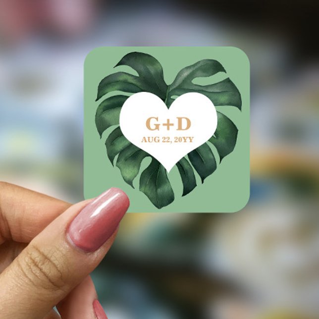 Tropical Palm Leaf Wedding Quadratischer Aufkleber (Von Creator hochgeladen)