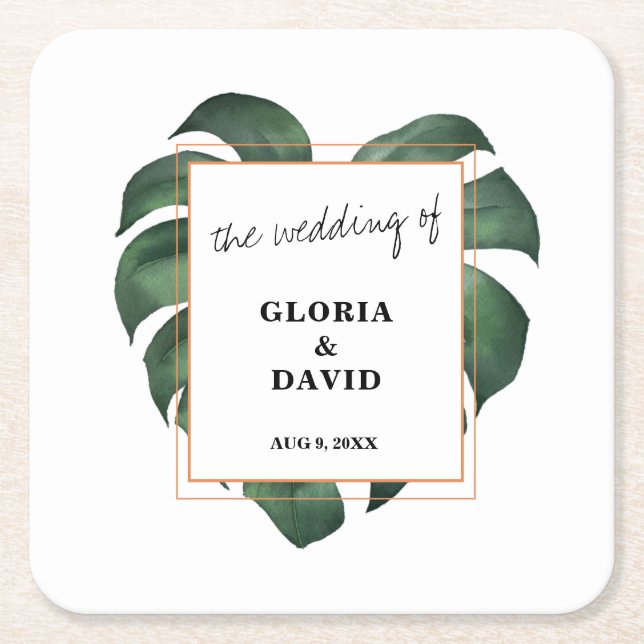 Tropical Palm Leaf Wedding Rechteckiger Pappuntersetzer (Vorderseite)