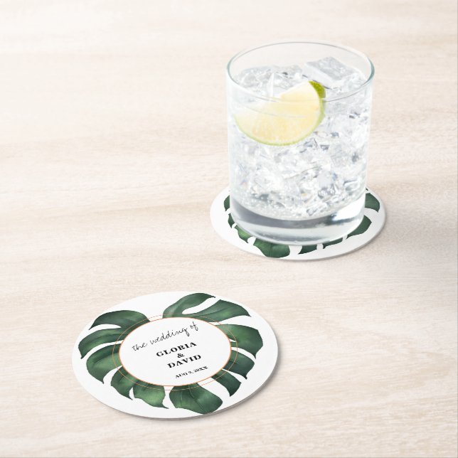 Tropical Palm Leaf Wedding Runder Pappuntersetzer (Vor Ort)