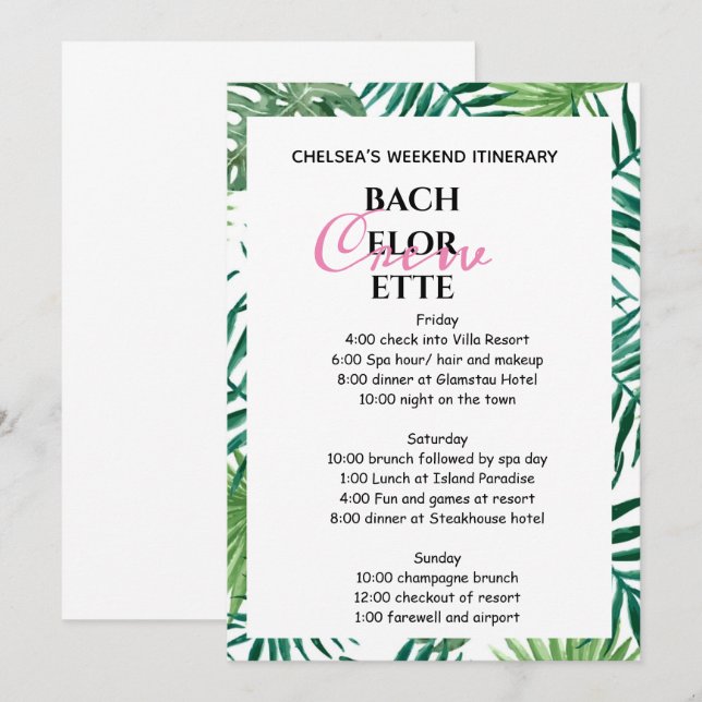 Tropical Palm Leafy Bachelorette Wochenende Einladung (Vorne/Hinten)