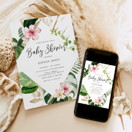 Tropical palm leaves frame baby shower einladung