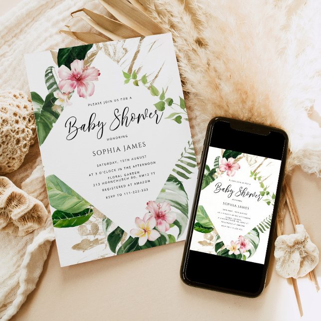 Tropical palm leaves frame baby shower einladung (Von Creator hochgeladen)