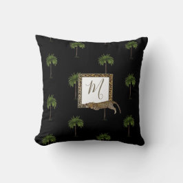 Tropical Palm Leopard Print Wild Black Monogram Kissen