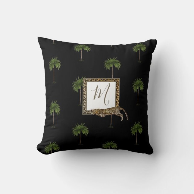 Tropical Palm Leopard Print Wild Black Monogram Kissen (Vorderseite)