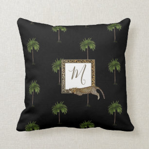 Tropical Palm Leopard Print Wild Black Monogram Kissen