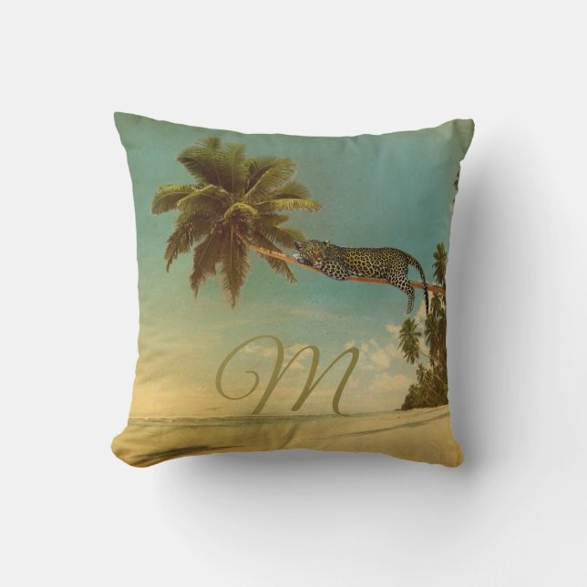 Tropical Palm Leopard Vintag Elegant Monogram Kissen (Vorderseite)
