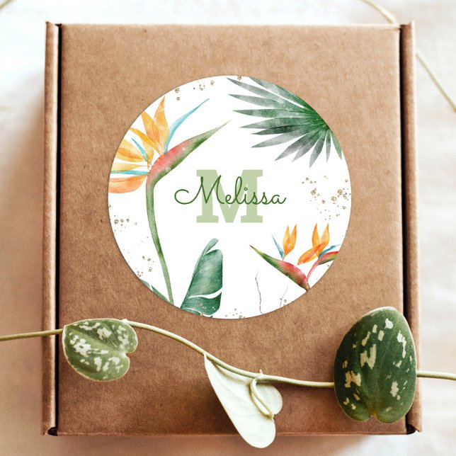 Tropical Palm Modern Monogram Script Gold Glitzer Runder Aufkleber (Von Creator hochgeladen)