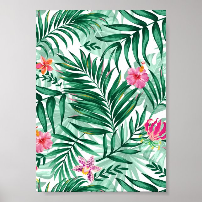 Tropical Palm & Monstera Blätter & exotische Blume Poster (Vorne)