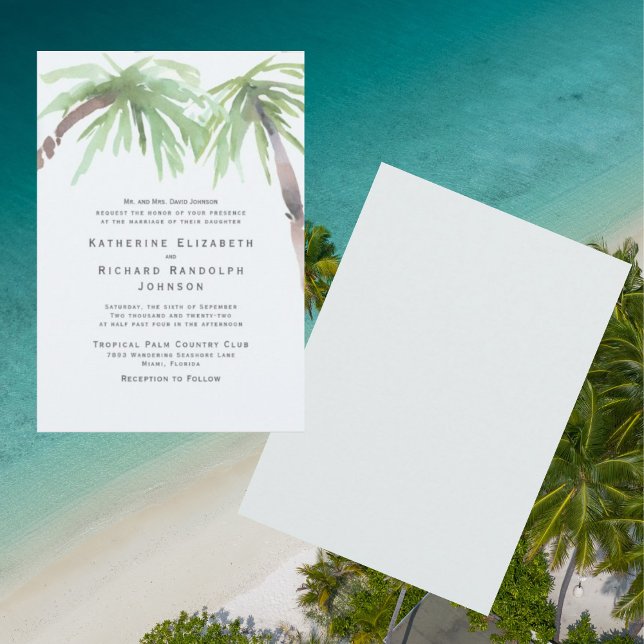 Tropical Palm One Place Seafoam Hochzeit Einladung (Von Creator hochgeladen)