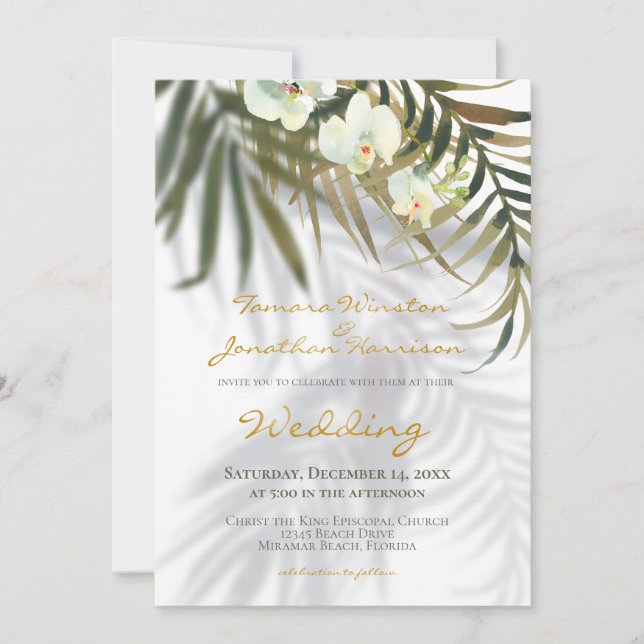 Tropical Palm & Orchid Shadows Beach Wedding Einladung (Vorderseite)