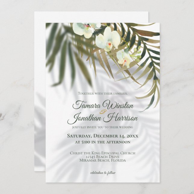 Tropical Palm & Orchid Shadows Beach Wedding Invit Einladung (Vorne/Hinten)